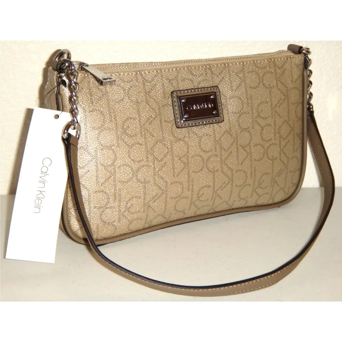 Calvin Klein CK Monogram Signature Bag Purse Champagne Metallic Silver H4DHJ2QM
