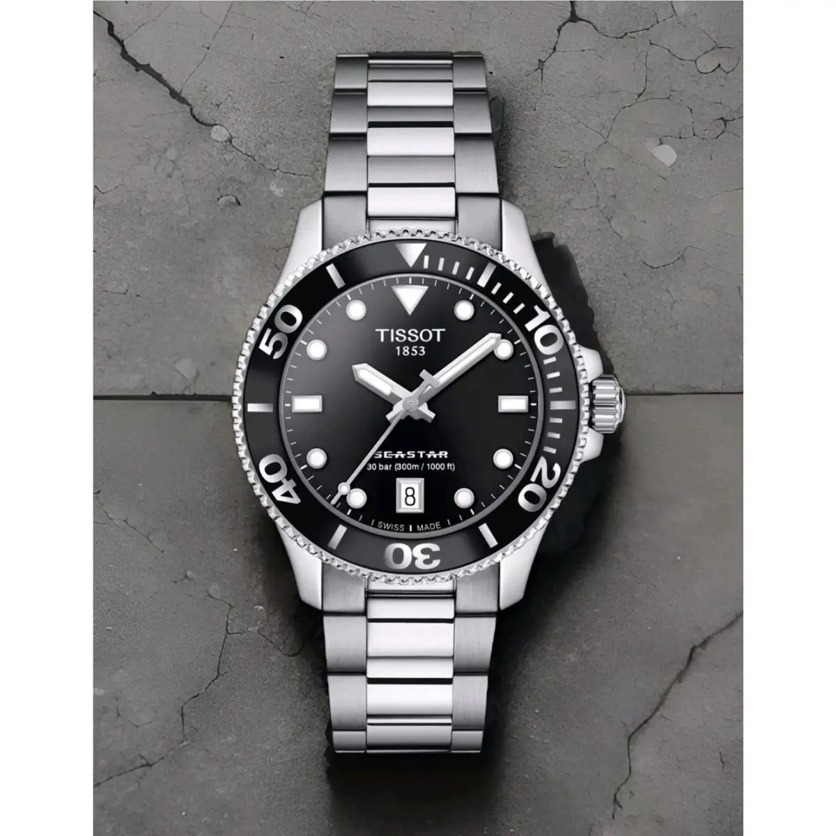 Tissot Seastar 1000 Black Dial Silver Bracelet 36mm Watch T120.210.11.051.00 - Dial: Black, Band: Silver, Bezel: Black