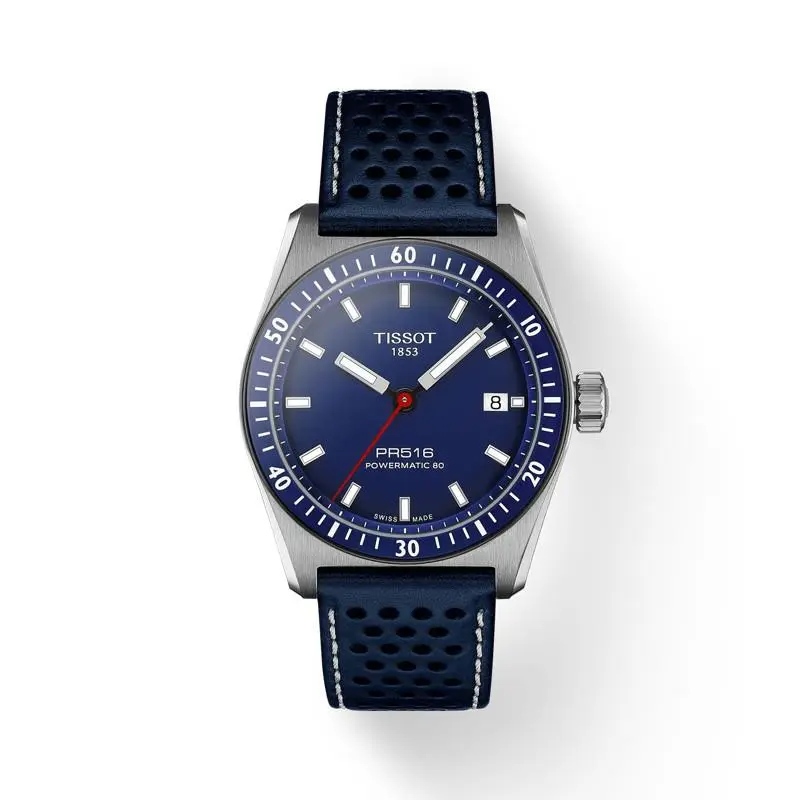 Tissot PR516 Powermatic 80 Blue Dial 38mm Leather Strap Watch T1494071604100