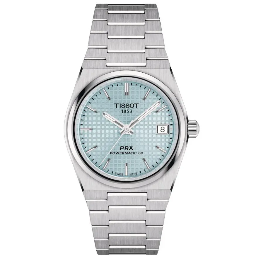 Tissot Prx Powermatic 80 Auto 35mm Ice Blue Dial Grey Strap Watch T1372071135100 - Dial: Ice Blue, Band: Grey, Bezel: Grey