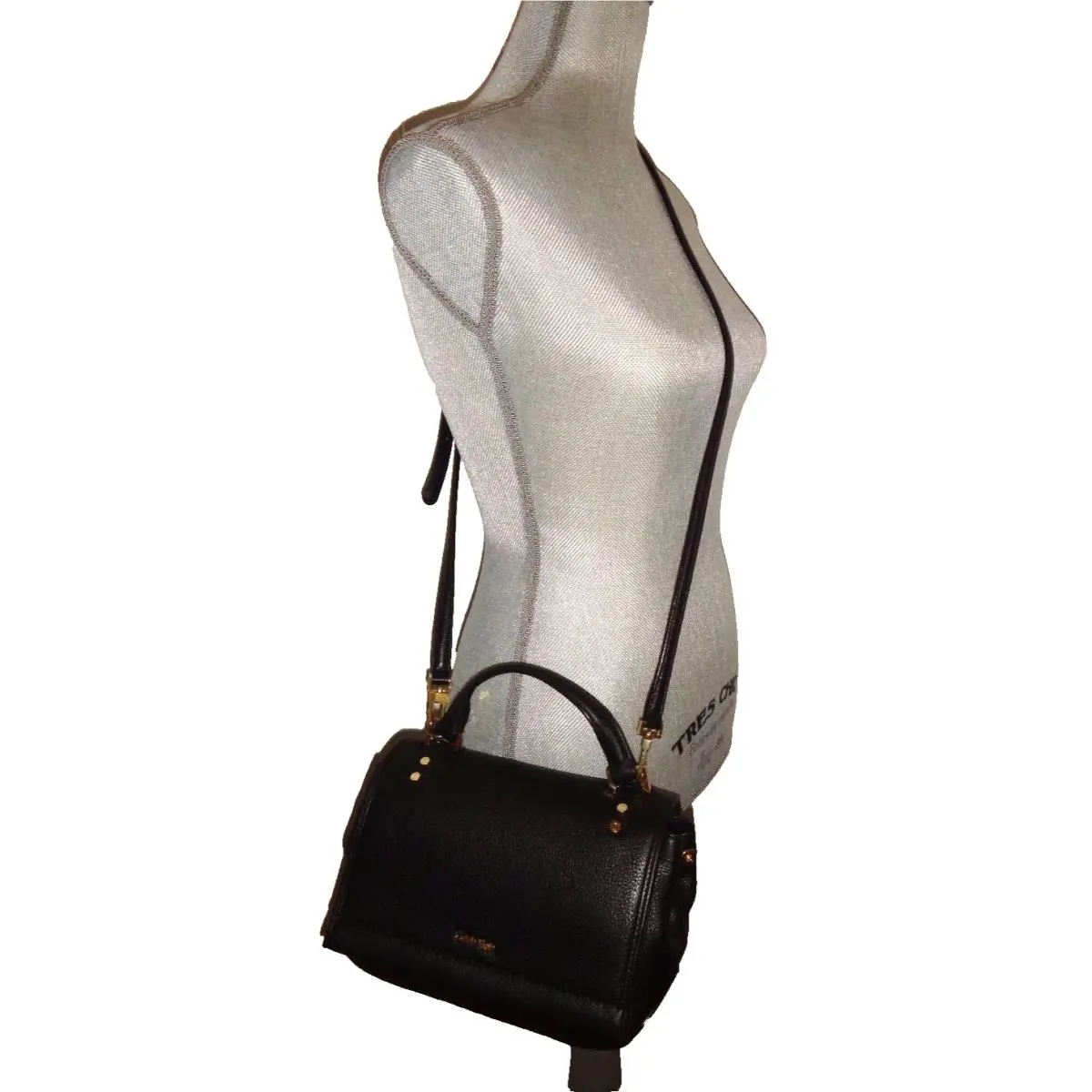 Calvin Klein Women`s Flap Handbag Satchel Purse Shoulder Bag Black Leather Gold