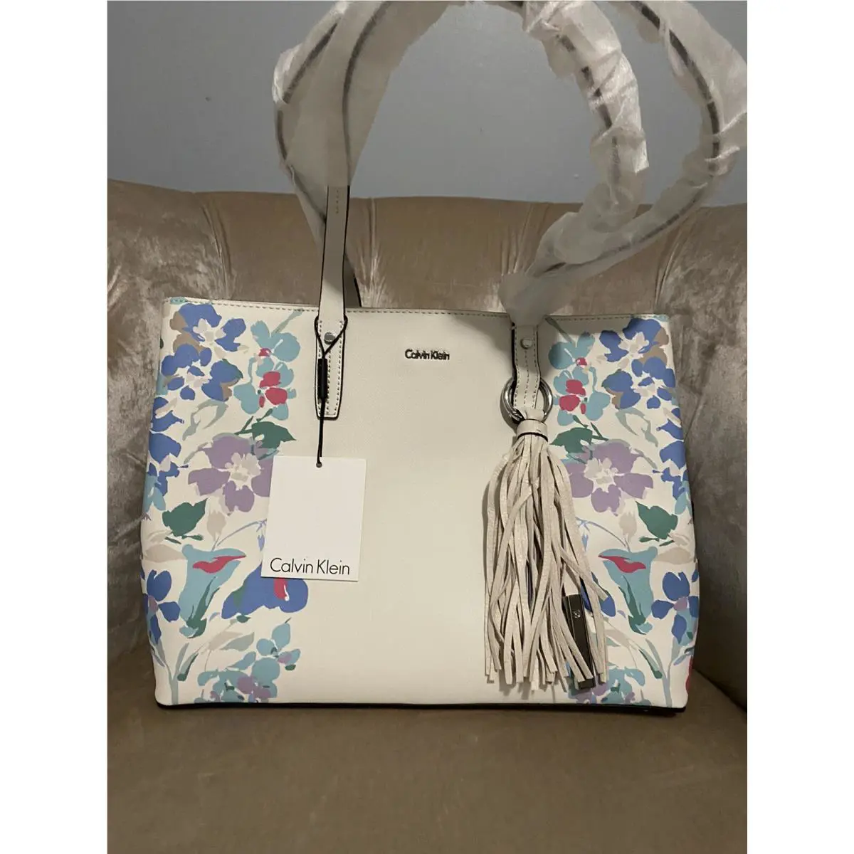 Calvin Klein H8AA47ZJ L-kitote Floral Bag Tote Handbag Purse Blue White