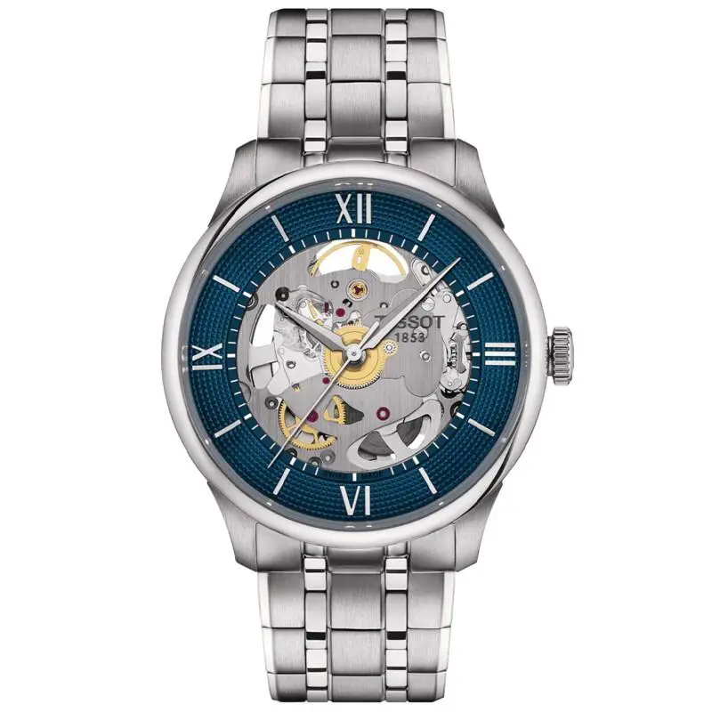 Tissot Chemin Des Tourelles Squelette 39mm Steel Men`s Watch T1398361104800 - Dial: Blue, Band: Silver, Bezel: Silver