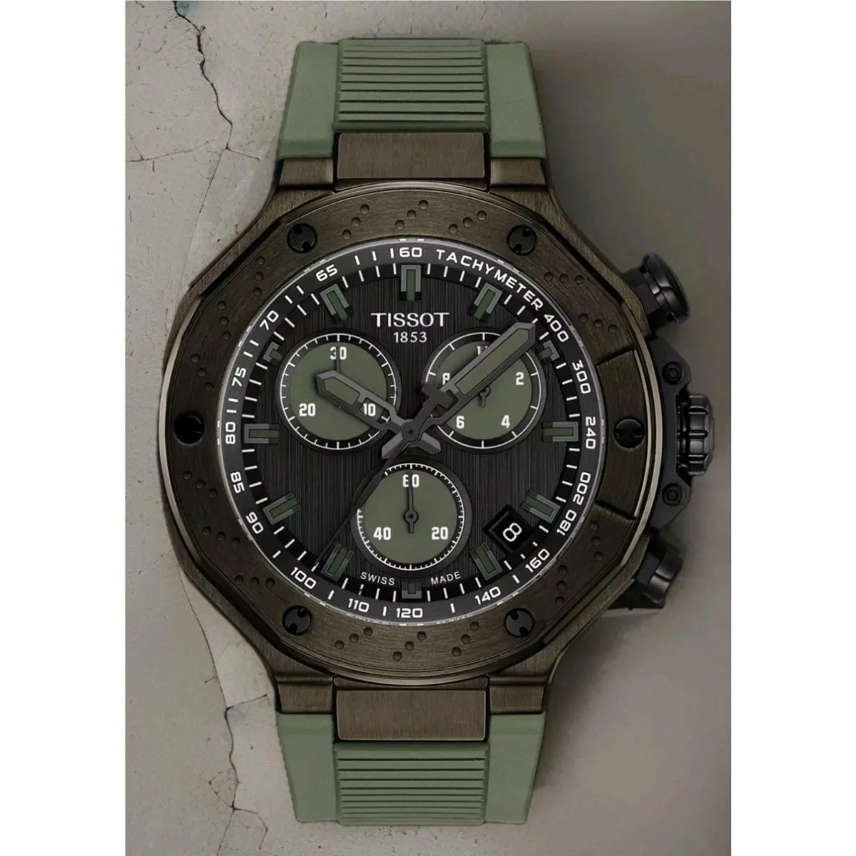 Tissot T-race Quartz Chrono 45mm Green Silicone Men`s Watch T141.417.37.061.02 - Dial: Black, Band: Green, Bezel: Black