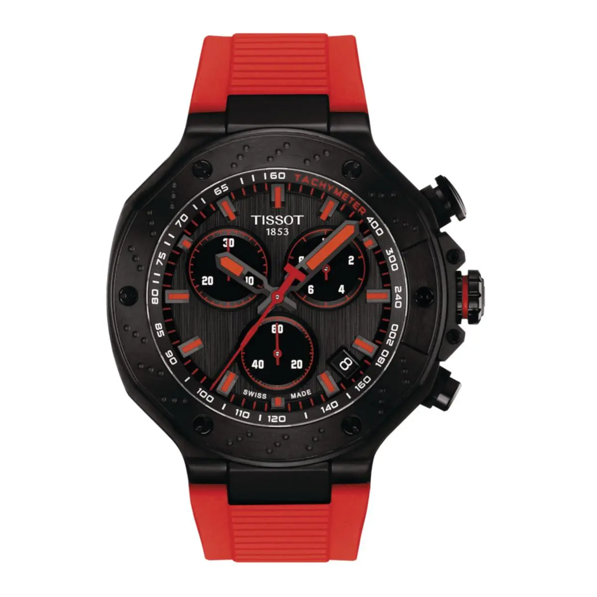 Tissot T-race T141.417.37.061.01 Chrono 45 mm Black Pvd Red Rubber Men`s Watch - Dial: Dark Gray, Band: Red, Bezel: Black