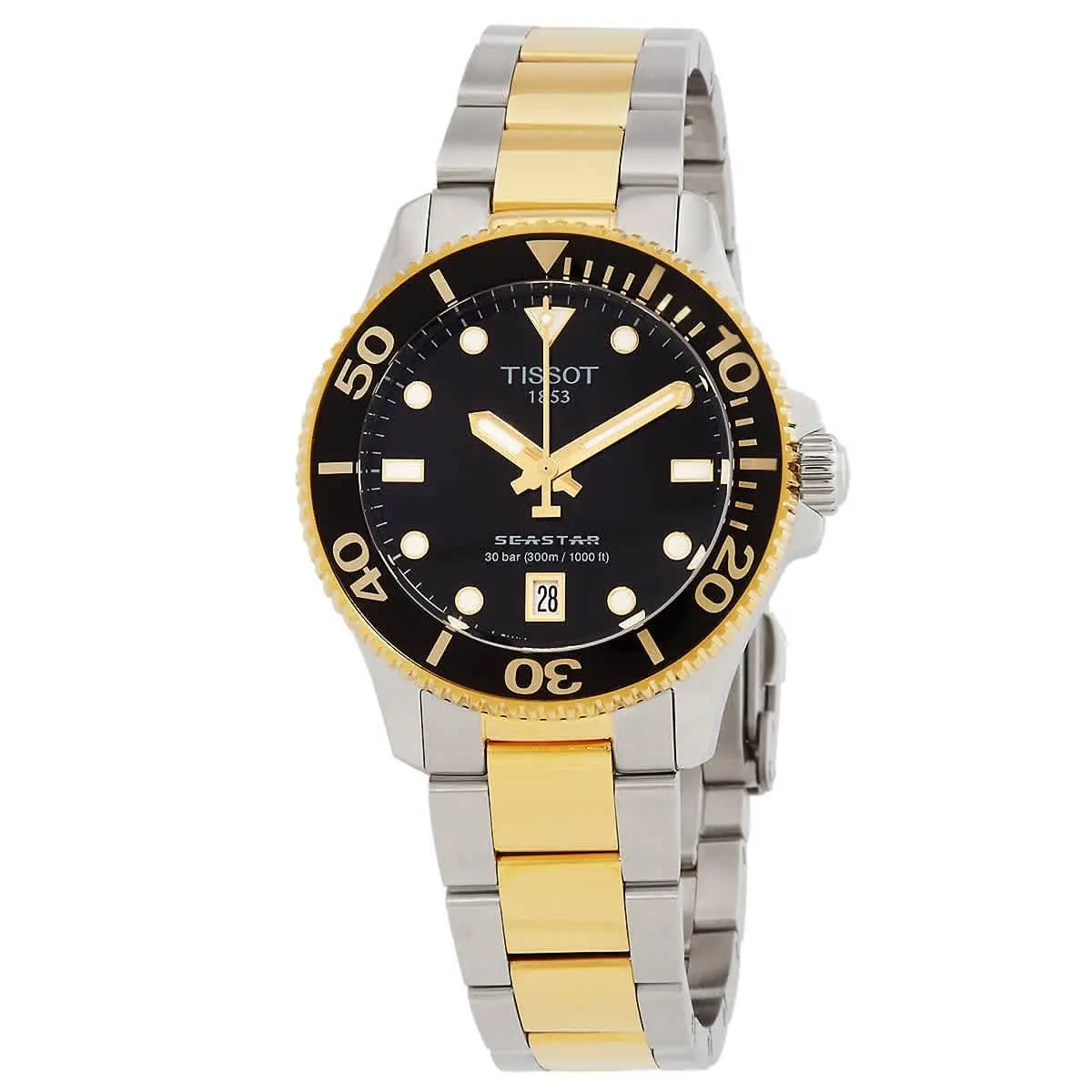 Tissot Seastar Quartz Black Dial Unisex Watch T1202102205100 - Dial: Black, Band: Gold, Gray, Bezel: Black