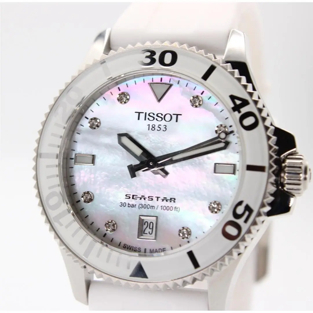 Tissot 36 MM Seastar Quartz Diamond White Mop Dial Watch T120.210.17.116.00 - Dial: Mother Of Pearl, Band: White, Bezel: White