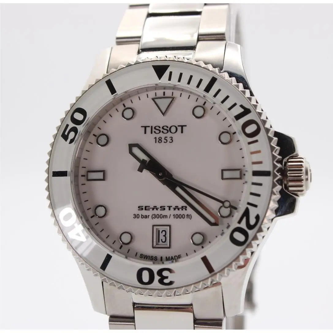 Tissot Seastar 36 MM 1000 Quartz White Dial Unisex Watch T120.210.11.011.00 - Dial: White, Band: Silver, Bezel: White