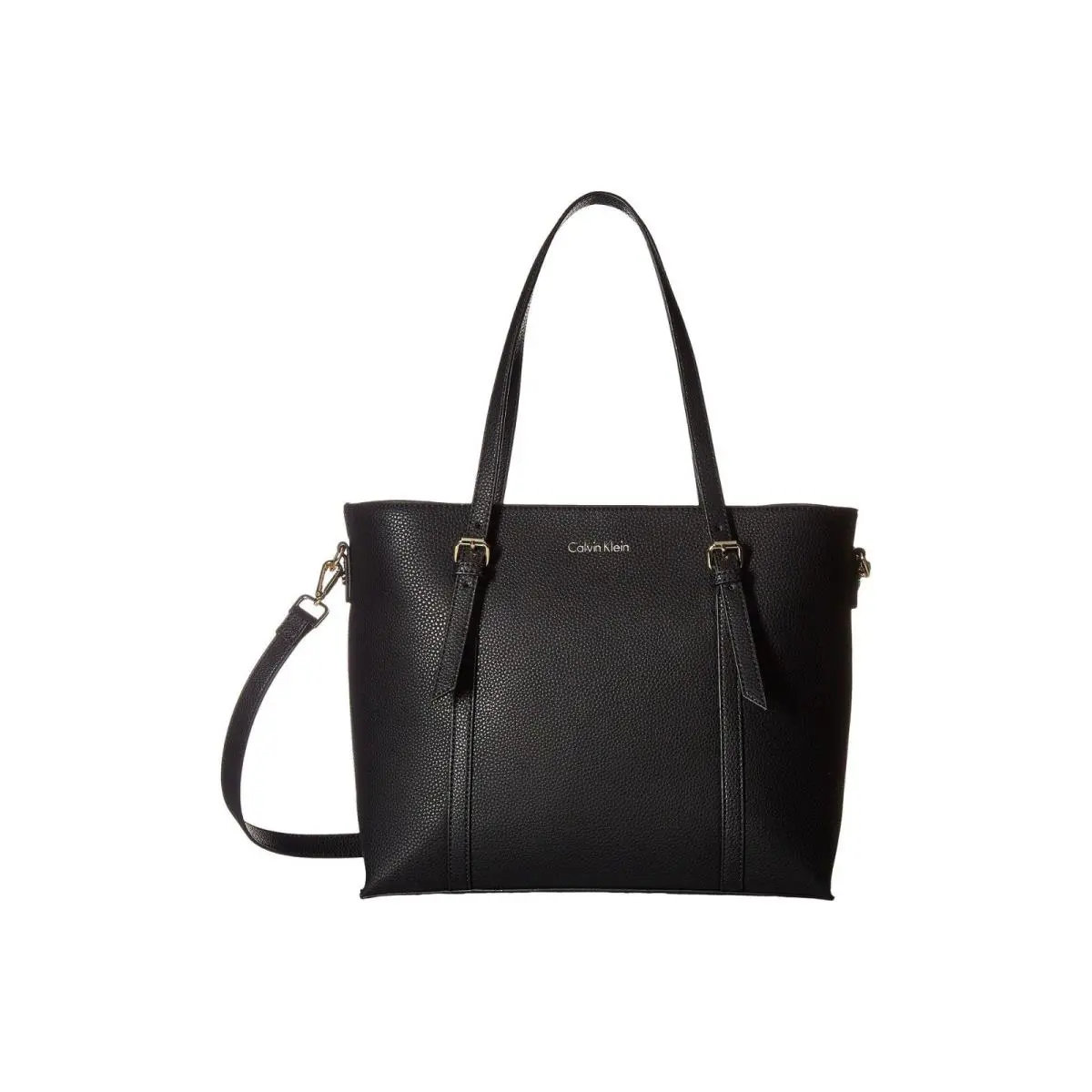 Calvin Klein Pyc East West Leather Tote Double Strap Black Silver - Black, Handle/Strap: Black, Lining: Black