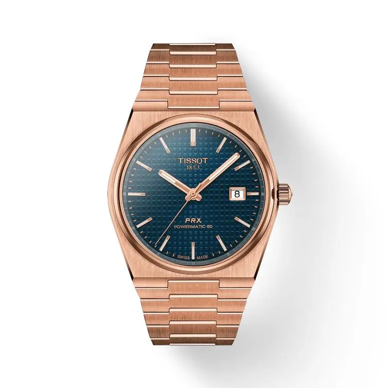Tissot Prx Powermatic 80 40mm Blue Dial Rose Gold Watch T1374073304100 - Dial: Blue, Band: Pink