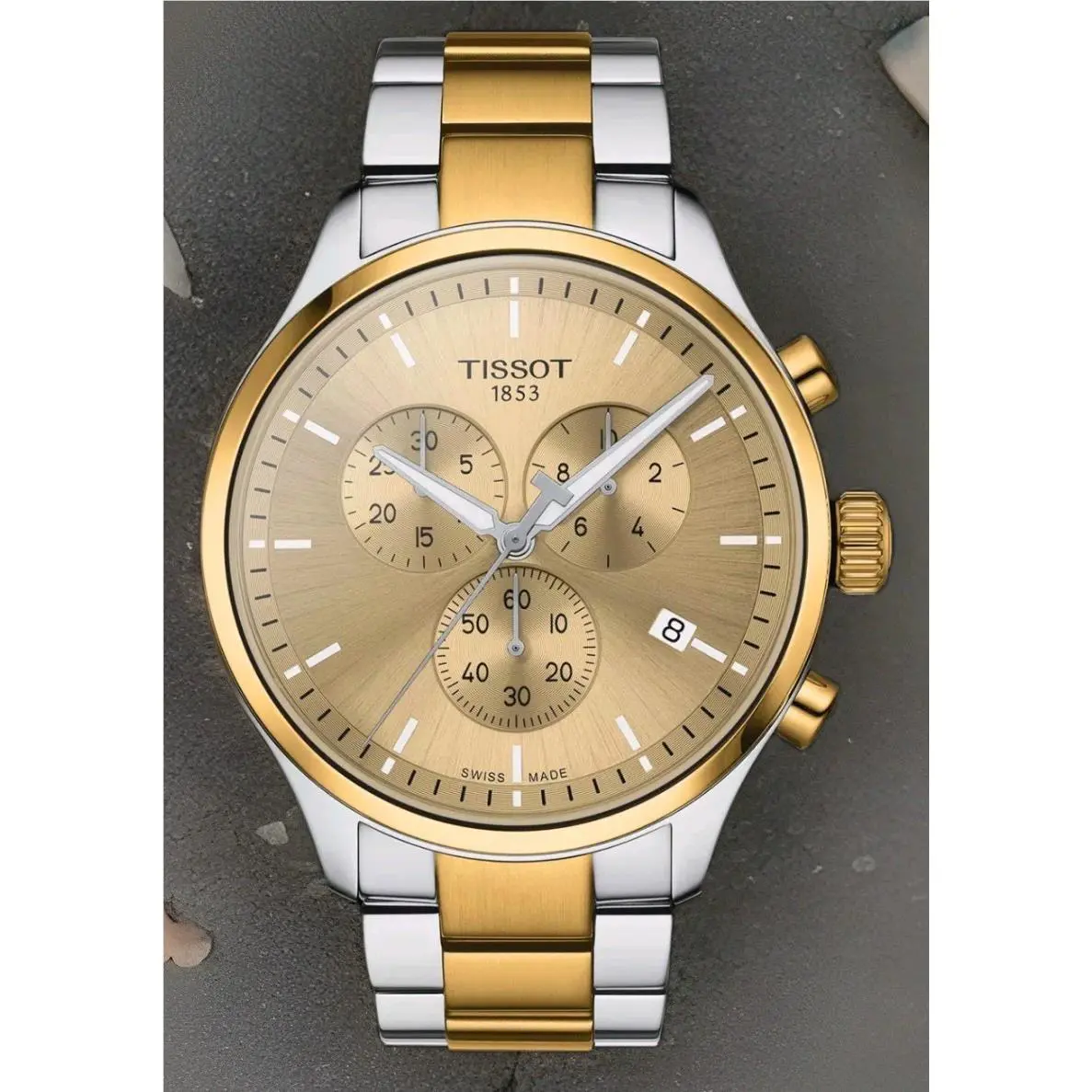 Tissot Chrono XL Mens 45mm Watch Two Tone T116.617.22.021.00 - Dial: Champagne, Band: Gold, Gray, Bezel: Gold