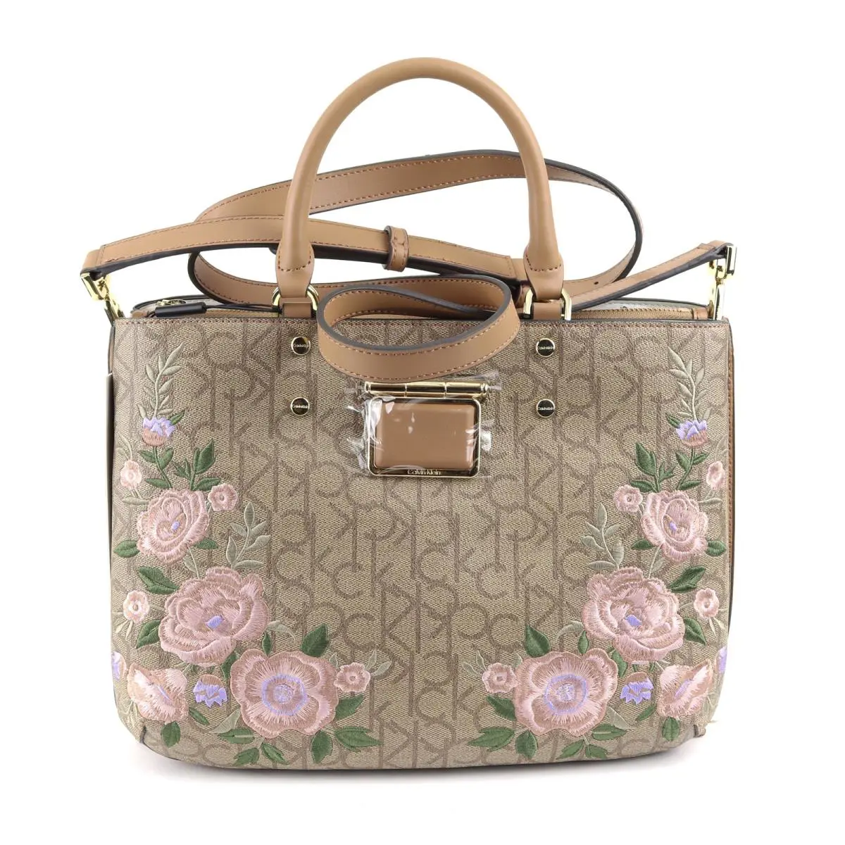 Calvin Klein Dani Embroidered Floral Signature Satchel Purse / Shoulder Bag