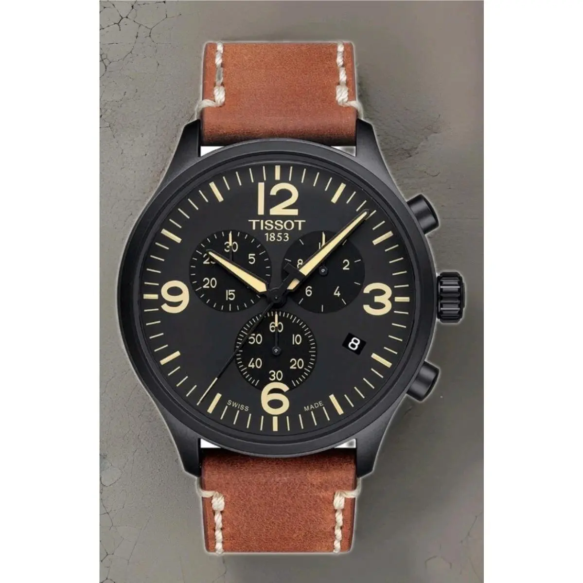 Tissot Men`s T-sport Chronograph XL Black Dial Leather Watch T116.617.36.057.00 - Dial: Black, Band: Brown, Bezel: Beige