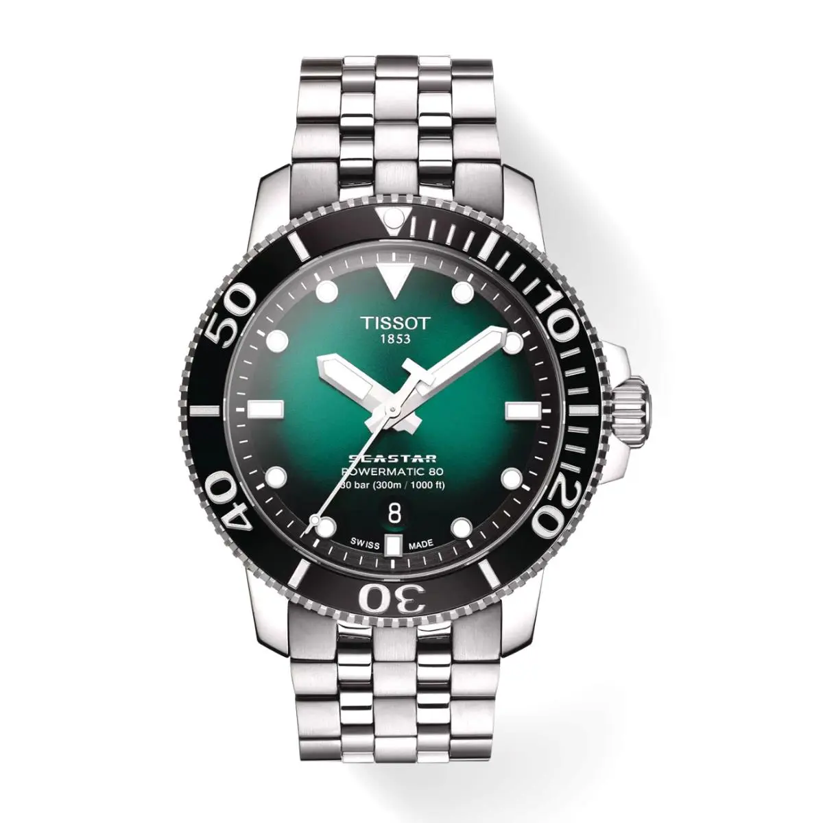 Tissot T120.407.11.091.01 Seastar 1000 Green Dial 43 mm Steel Auto Men`s Watch - Dial: Graded green-black, Band: Silver, Bezel: Black
