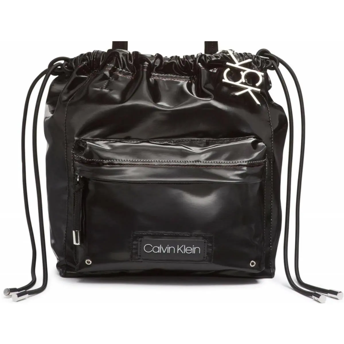 Calvin Klein Bucket Tote Shoulder-bag Black Patent Leather Drawstring Large