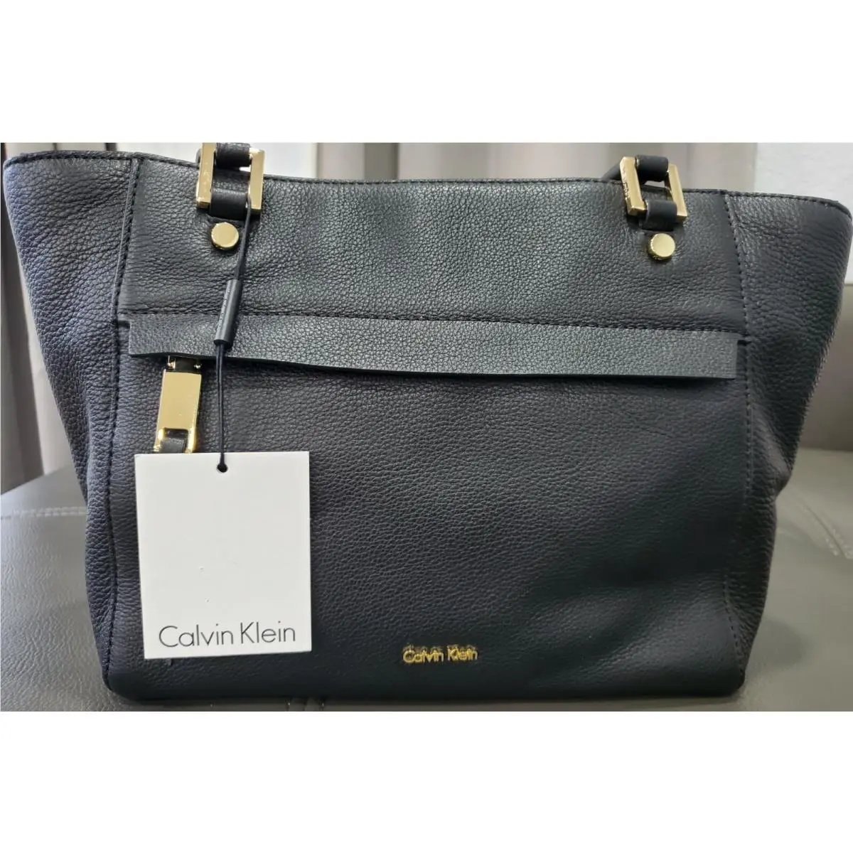 Black Pebble Leather Angelina Tote Bag by Calvin Klein