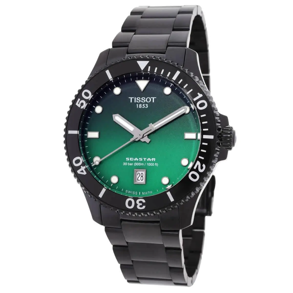 Tissot Seastar 1000 Quartz Men`s Watch T1204103309100 - Dial: Graded Green-Black, Band: Black PVD, Bezel: Black PVD