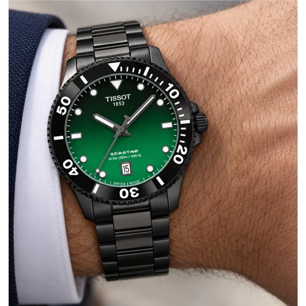 Tissot Seastar 1000 T120.410.33.091.00 Green Black Dial 40mm Men`s Quartz Watch - Dial: Black, Green, Band: Black, Green, Bezel: Black, Green