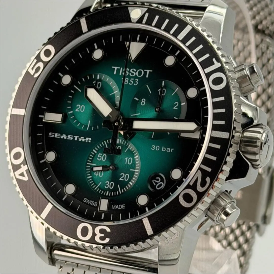 Seastar 1000 45.5MM Quartz Chrono Green Dial/mesh Band T120.417.11.091.00 by Tissot