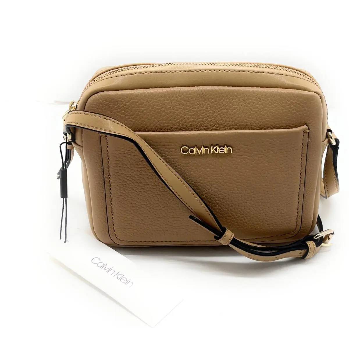 Calvin Klein Leather Crossbody Purse Color-rye - Handle/Strap: Beige, Hardware: Gold, Lining: Beige