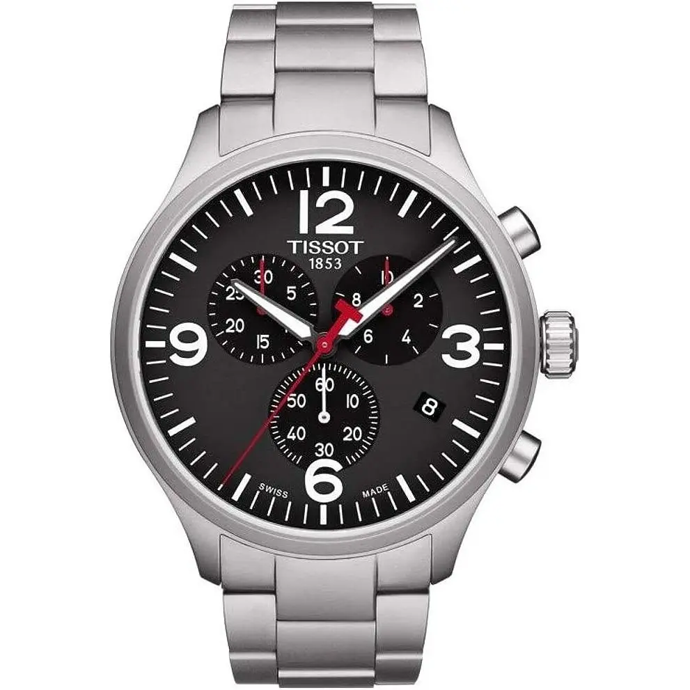 Tissot T116.617.11.057.00 Men`s Watch Silver 45mm Stainless Steel Chrono XL - Dial: Black, Band: Silver, Bezel: Silver