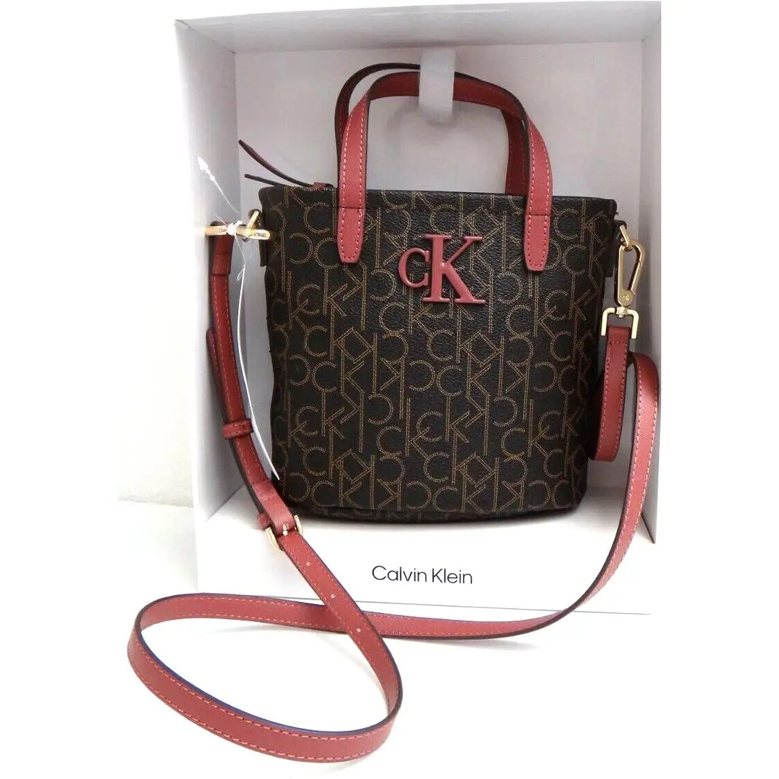 Calvin Klein CK Signature Hand Bag Zip Purse Brown Terra Rose H1GEJED3 +gift Box