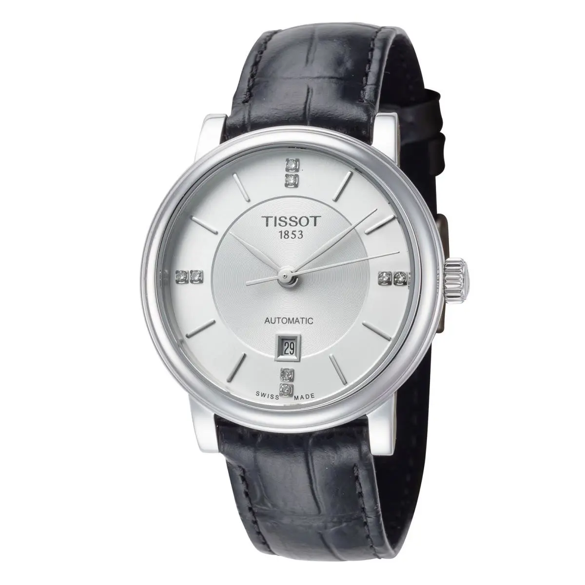 Tissot Women`s Carson 30mm Automatic Diamond Watch T0502073711704 - Dial: Silver, Band: Black, Bezel: Silver