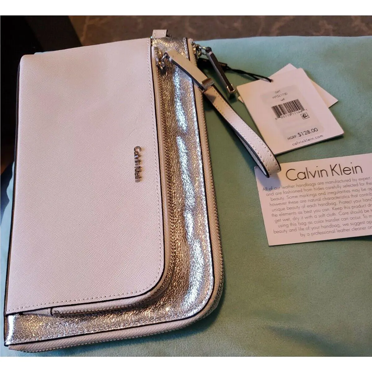Calvin Klein White Silver Metallic Hand Bag Wristlet Purse /clutch