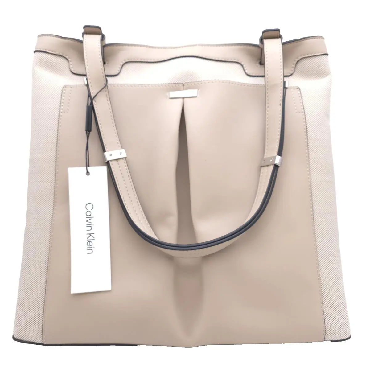 Calvin Klein Nickel Textured Woven Magnetic Snap Tote Bag Natural Tan