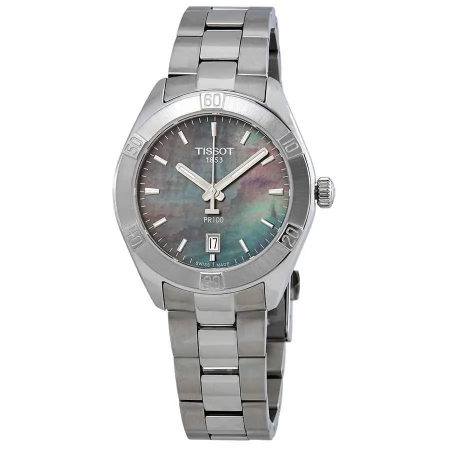 Tissot PR 100 Sport Chic Black Mop Dial Ladies Watch T101.910.11.121.00 - Dial: Blue, Band: Gray, Bezel: Silver
