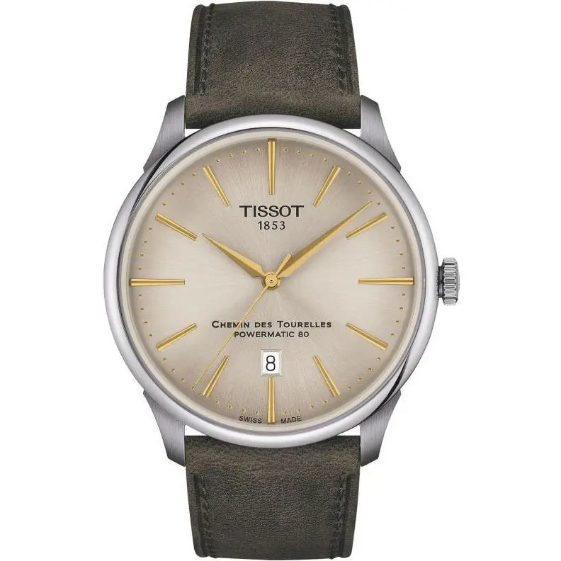 Tissot Men`s Chemin Des Tourelles 42mm Automatic Watch T139.407.16.261.00 - Dial: Ivory, Band: Green, Other Dial: Ivory
