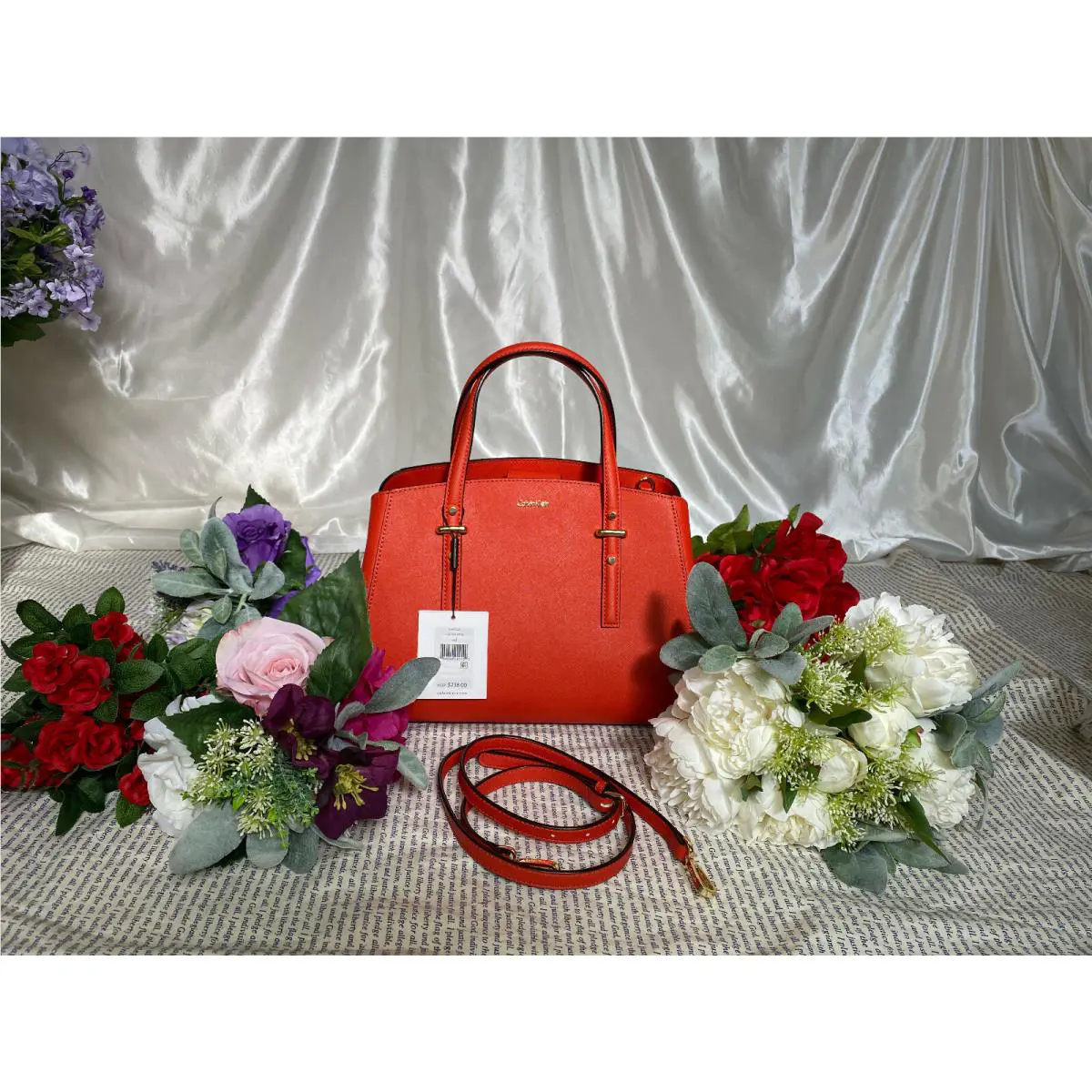 Calvin Klein Matilda Saffiano Medium Satchel Red Gold