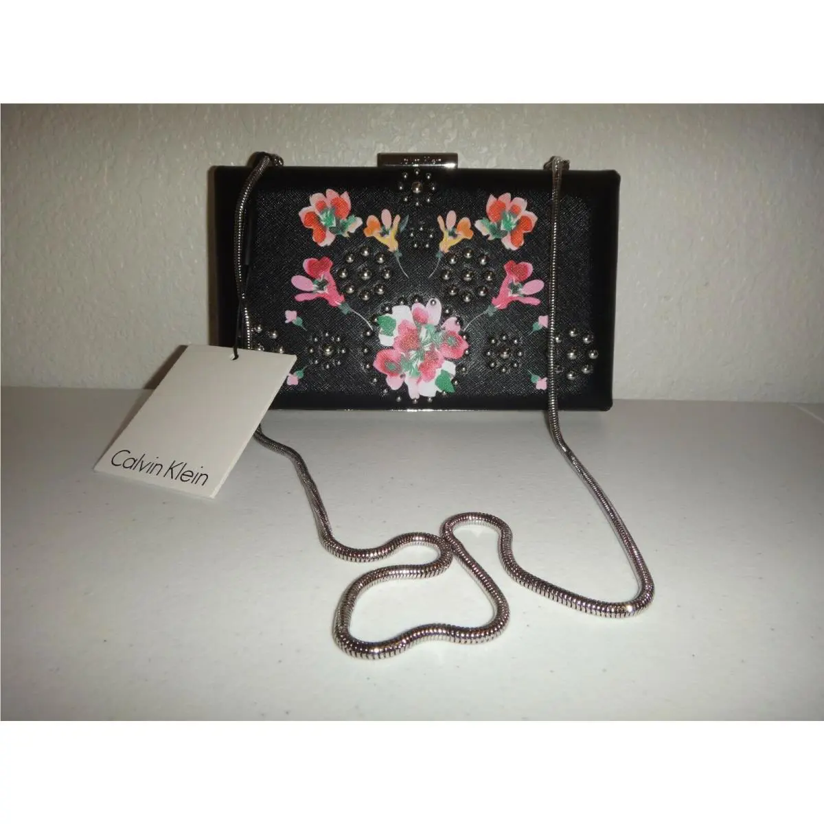 Calvin Klein Enening Floral Crossbody Messenger Bag Black Saffiano Leather Studs