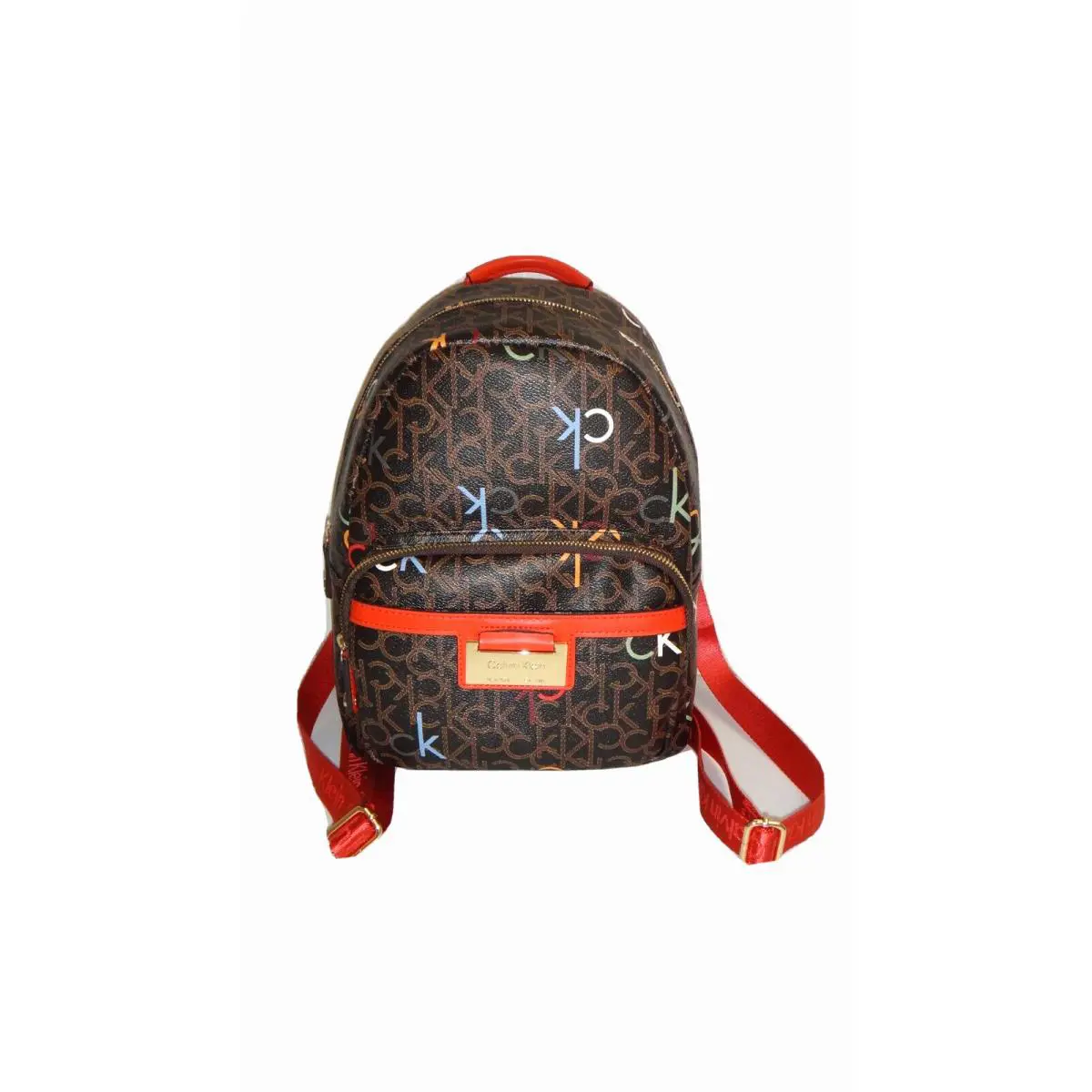 Calvin Klein Signature Backpack Bag Brown Red Multi-color Leather Gold Logo