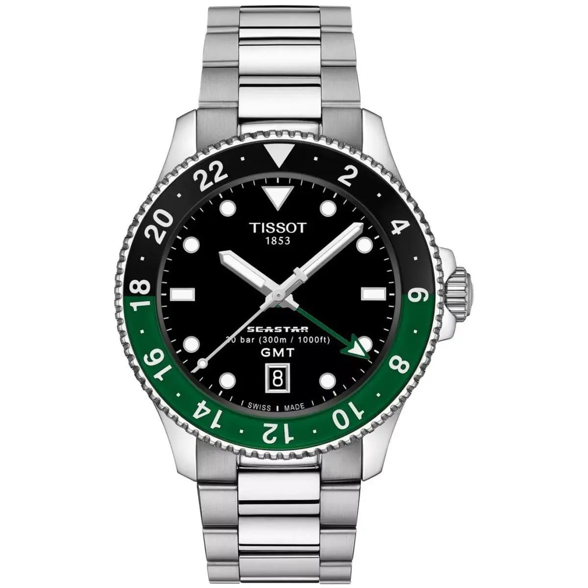 Tissot Seastar 1000 Quartz Gmt T120.852.11.051.00 40mm Steel Black Men`s Watch - Dial: Black, Band: Silver, Bezel: Black, Green