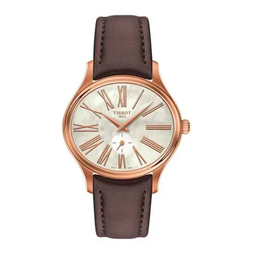 Tissot Bella Ora Rose Gold Pvd Oval Case Ladies Watch T103.310.36.113.00 - Dial: MOTHER OF PEARL, Band: Brown, Bezel: Rose Gold
