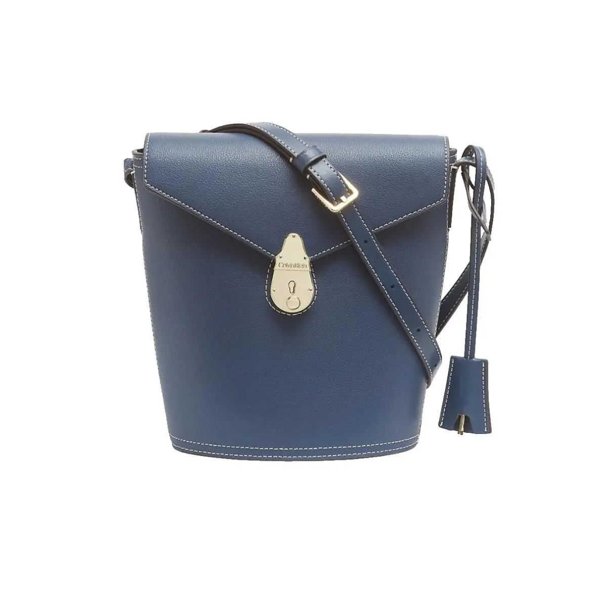 Calvin Klein The Statement Series Navy Blue Bucket Crossbody Bag - Handle/Strap: Blue, Hardware: Gold, Exterior: Yellow
