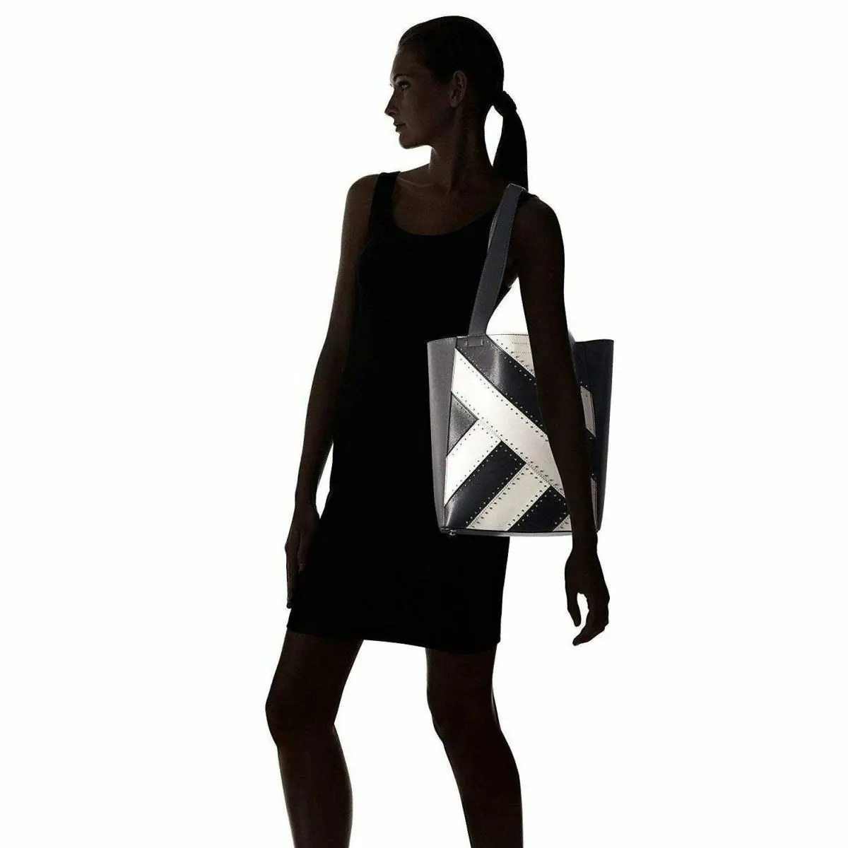 Calvin Klein Karsyn White Black Nappa Leather Stud Belted North/south Tote - Exterior: White/Black