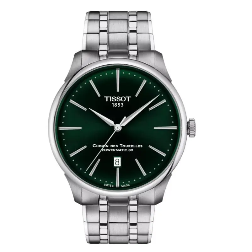 Tissot Chemin Des Tourelles Automatic Green Dial 42mm Men`s Watch T1394071109100 - Dial: Green, Band: Gray, Bezel: Gray, Silver