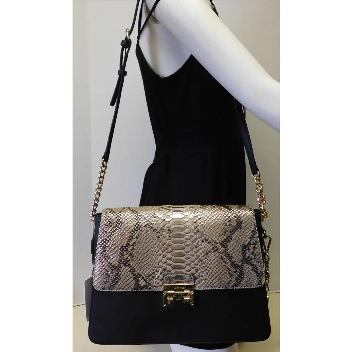 Calvin Klein Signature Snake Python Gold Black Shoulder Bag Handbag Tote