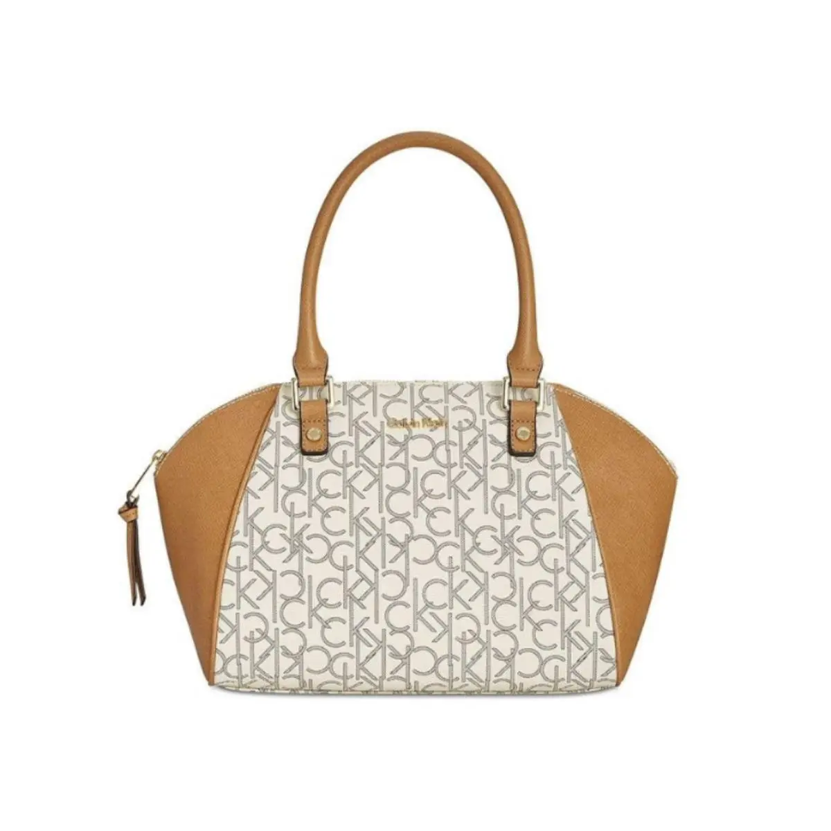 Calvin Klein Women`s CK Signature Satchel Bag Purse White Vanilla Pvc Beige Gold