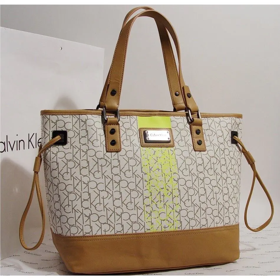Calvin Klein Logo Print White Gray Neon Yellow Tan Large Tote Handbag Purse