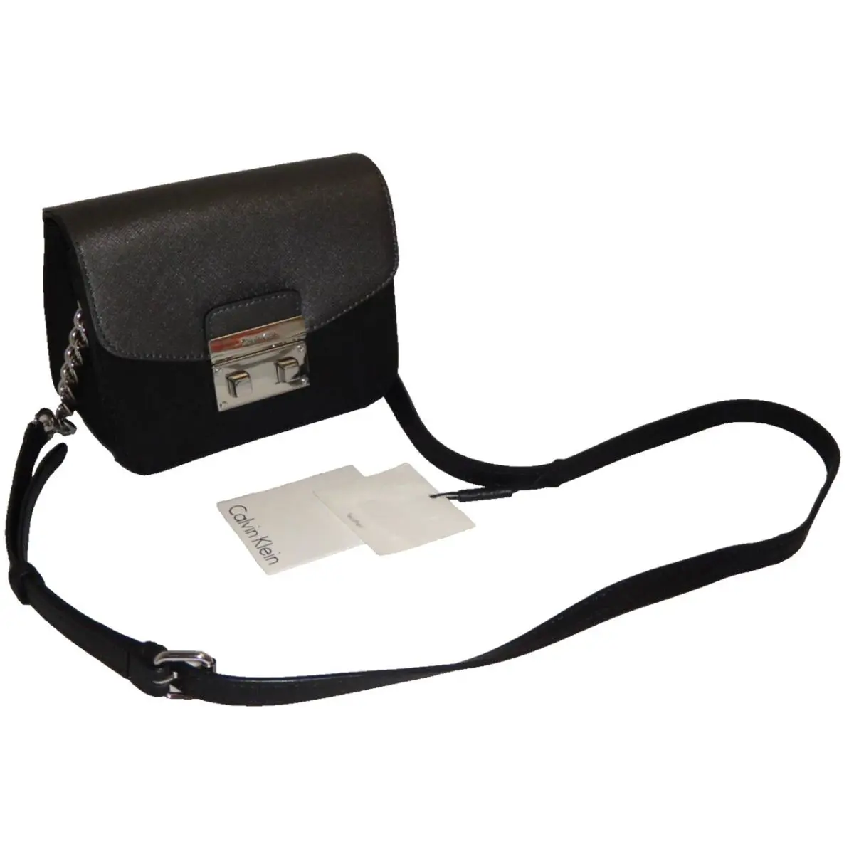 Calvin Klein Women`s Flap Crossbody Messenger Bag Black Gray Saffiano Leather