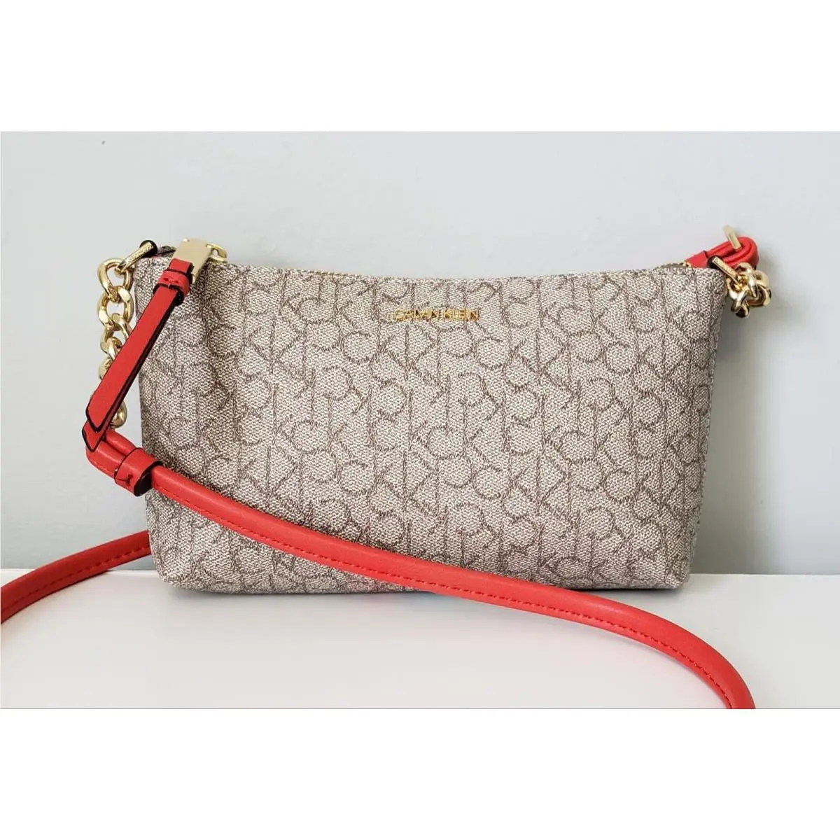 Calvin Klein Crossbody Monogram Logo Women’s Crossbody Bag Beige Orange