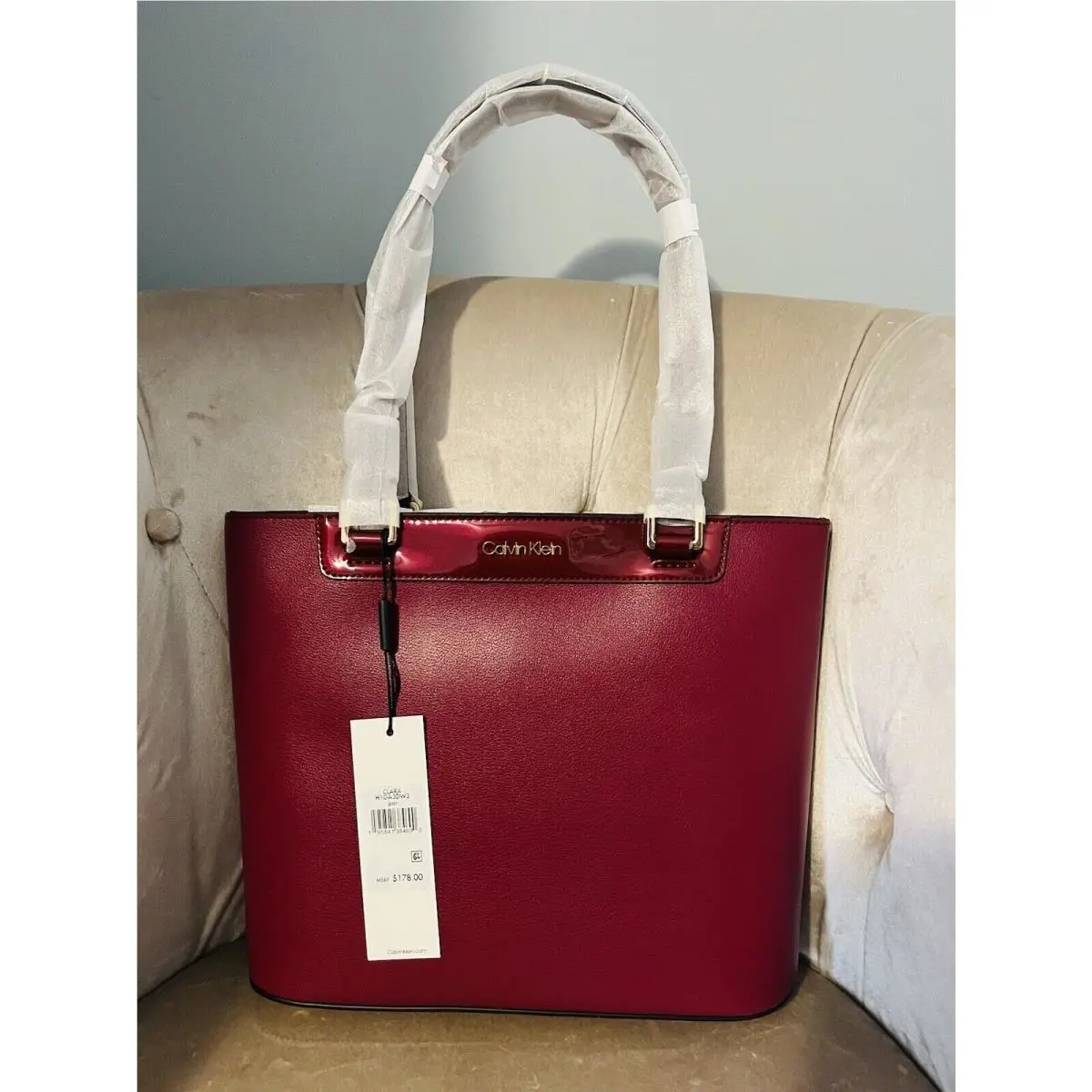 Calvin Klein Clara Medium Zip Tote Bag Handbag Purse Red Leather Gold