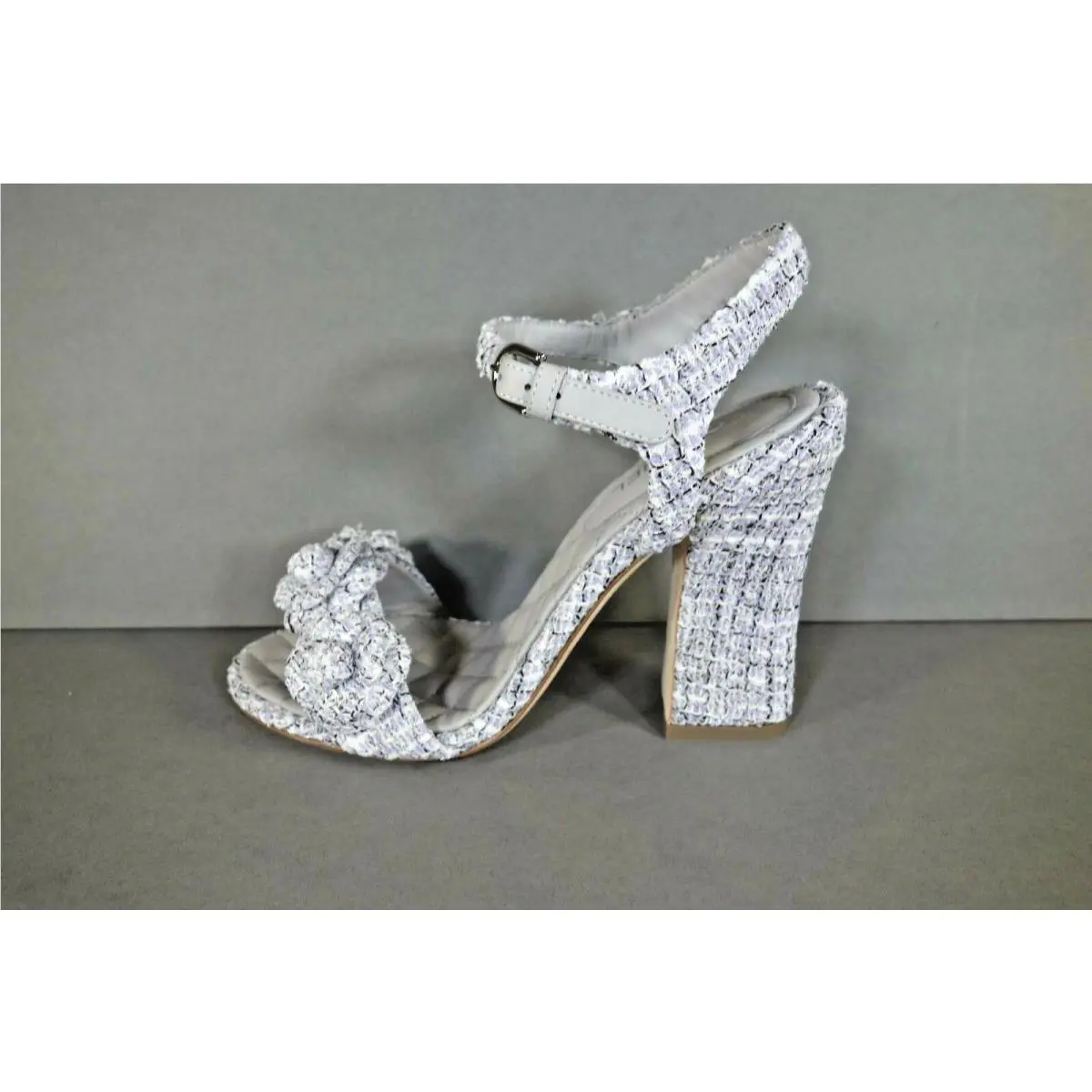 Chanel 39.5 Sandals Lavender Cotton Tweed Camellia Strap CC Stacked Heels