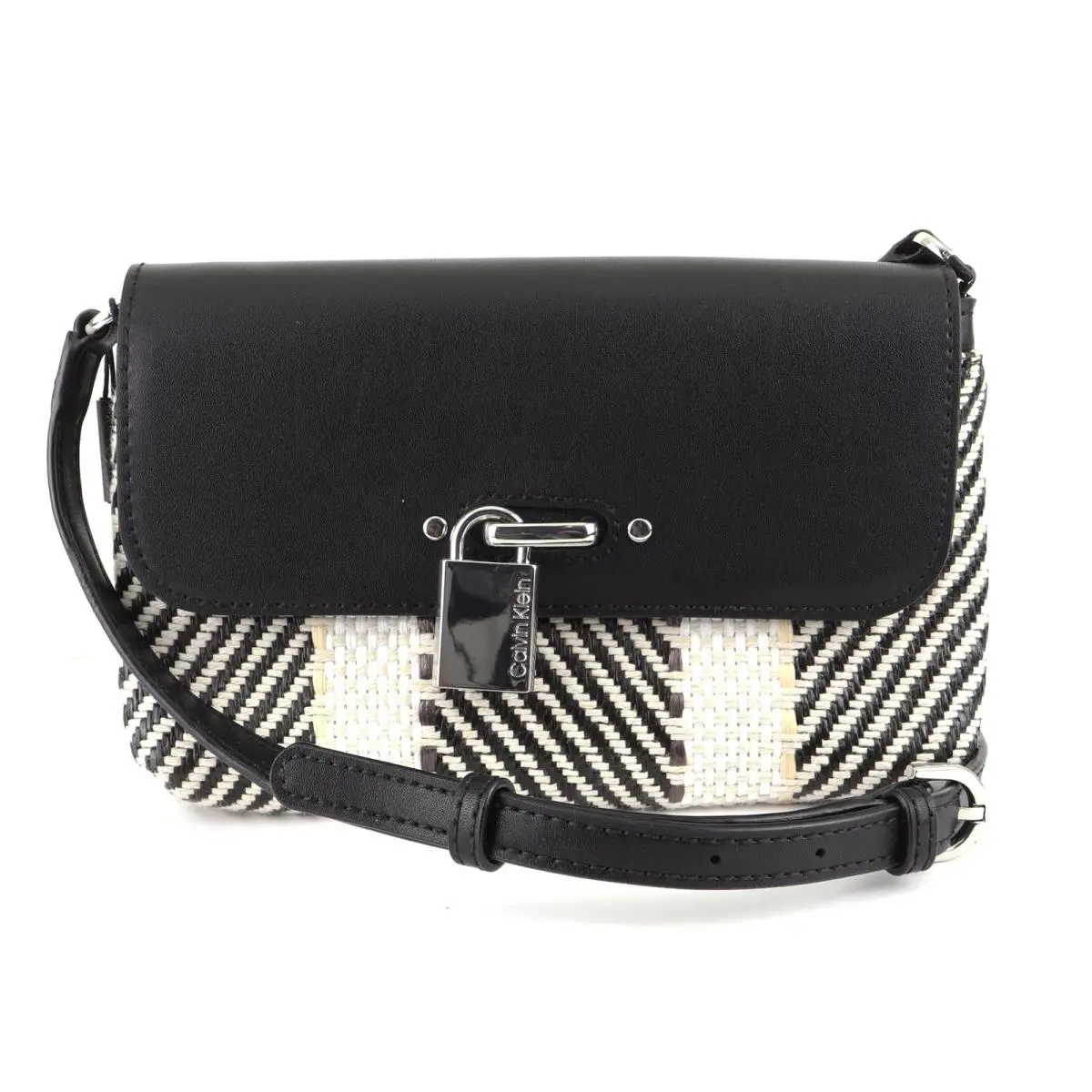 Calvin Klein Raffia Roxy Crossbody Purse / Shoulder Bag Black / White