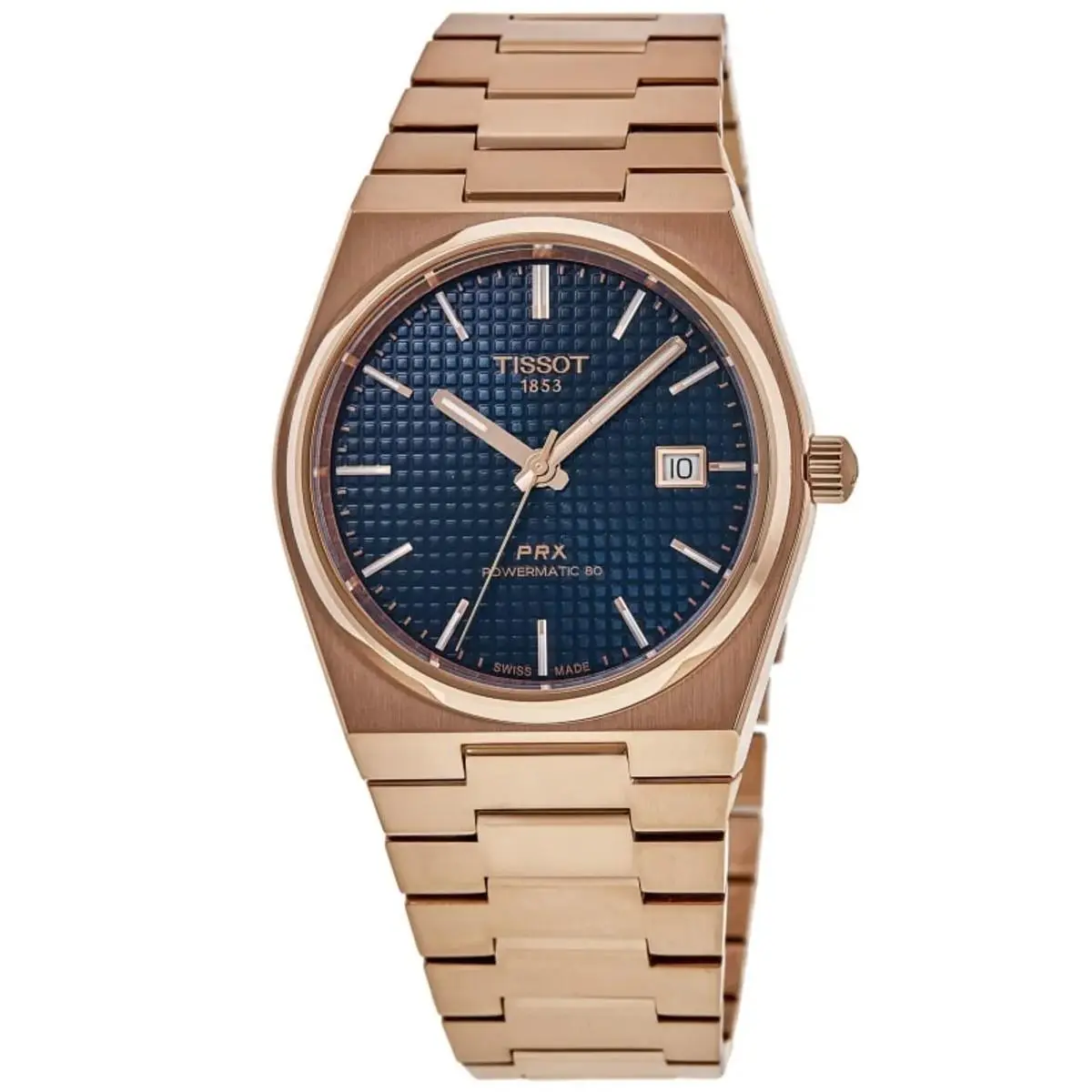 Tissot Prx Powermatic 80 40MM Men`s Rose Gold/blue Watch T1374073304100 - Dial: Blue, Band: Rose Gold 5N, Gold, Bezel: Fixed Stainless Steel
