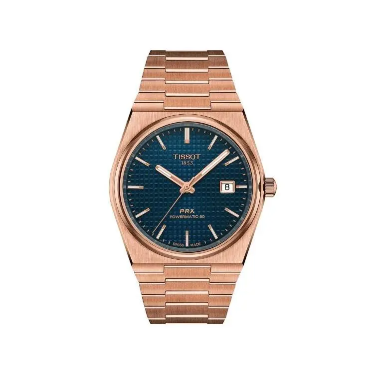 Tissot Prx Powermatic 80 Rose Gold-blue 40mm Men`s Watch T1374073304100 - Dial: Blue, Band: Rose Gold 5N, Bezel: Fixed Stainless Steel