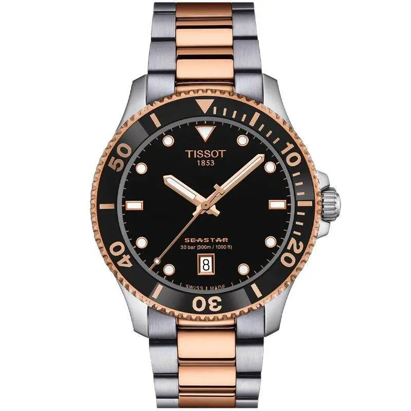 Tissot Seastar Quartz 40mm Black Dial Two-tone Steel Men`s Watch T1204102205101 - Dial: Black, Band: Two-Tone (Grey, Rose Gold 5N), Bezel: Black